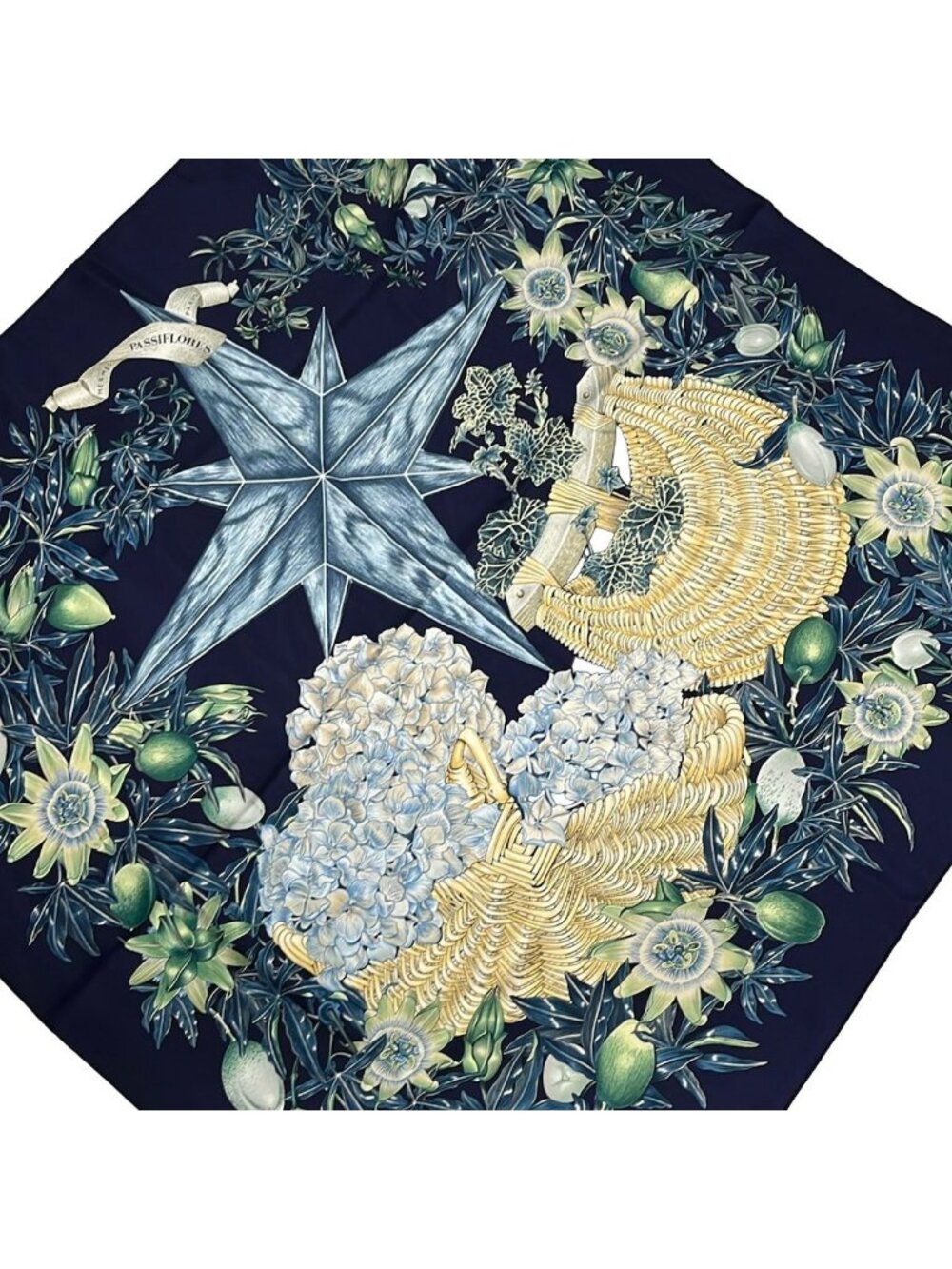 Hermes Scarf Carre 90 Navy Blue Green Multi Passiflores